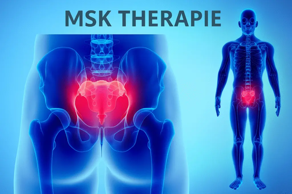 Digital medical illustration highlighting the pelvic region with red coloration to indicate pain or inflammation, showing a close-up view of the pelvis on the left and a full-body skeletal view on the right; labeled "MSK THERAPIE" at the top.