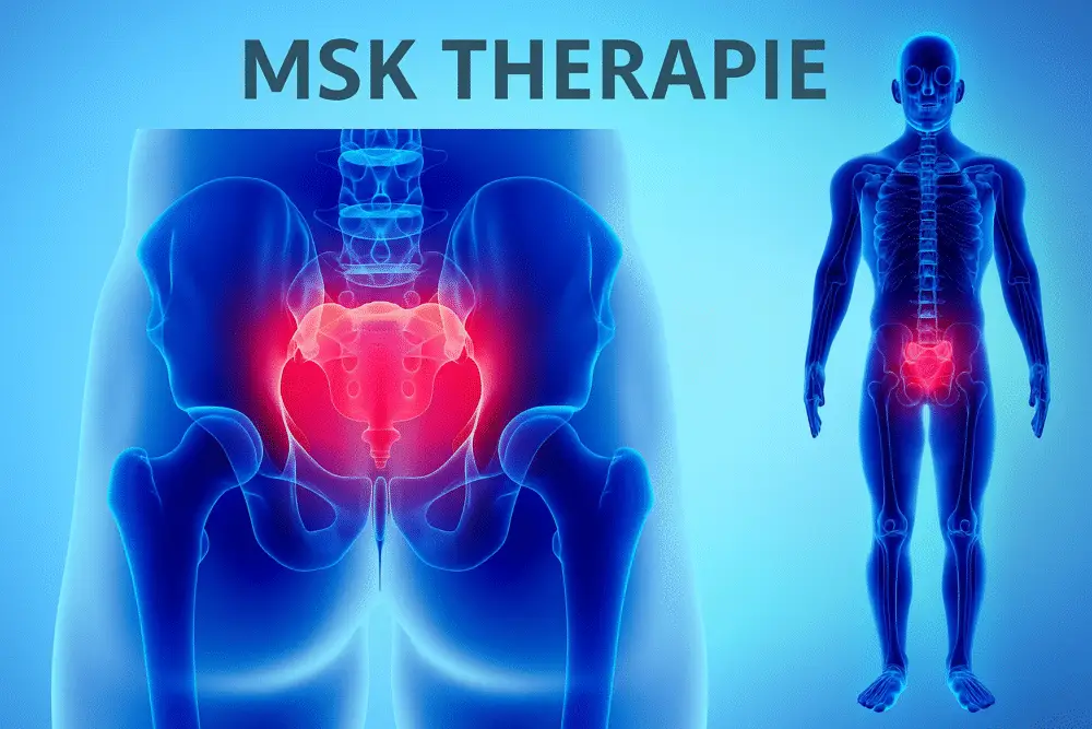 Digital medical illustration highlighting the pelvic region with red coloration to indicate pain or inflammation, showing a close-up view of the pelvis on the left and a full-body skeletal view on the right; labeled "MSK THERAPIE" at the top.