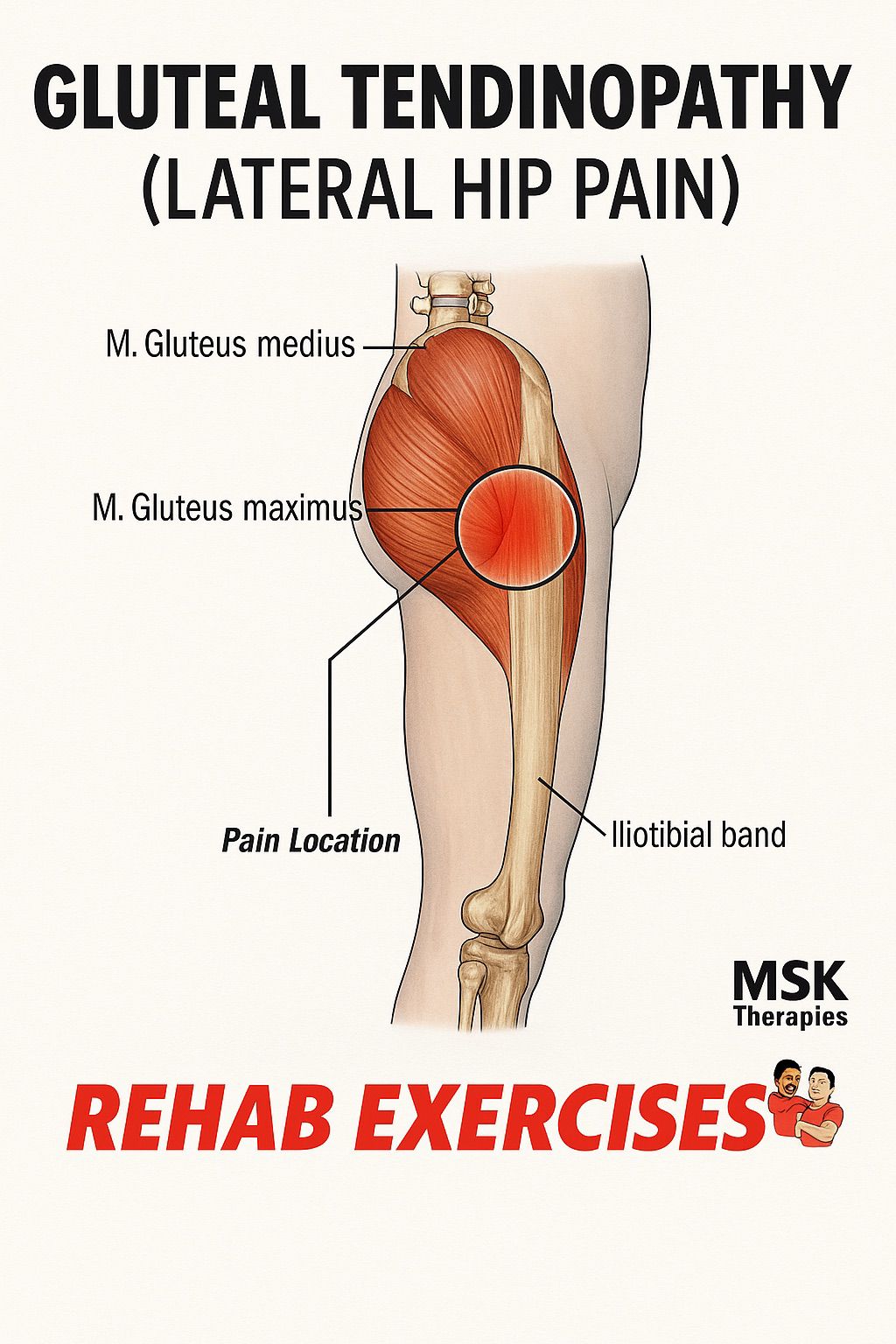 Anatomical illustration showing gluteal tendinopathy (lateral hip pain) with labeled muscles: gluteus medius, gluteus maximus, iliotibial band, and marked pain location on the outer hip. Includes text ‘Rehab Exercises’ and MSK Therapies logo