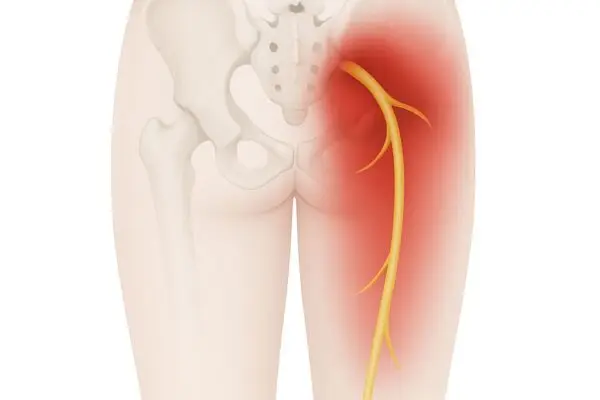 Deep Gluteal Syndrome | Piriformis Syndrome: Causes, Symptoms & Rehabilitation. Medical illustration showing the front view of a human pelvis and upper thigh, highlighting the sciatic nerve in yellow and a red area indicating pain and inflammation in the deep gluteal region, labeled “Deep Gluteal Syndrome.” The logo “MSK Therapie” is displayed in the bottom right corner.