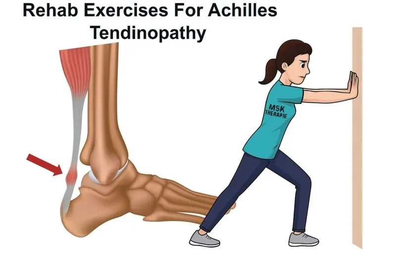 Physical therapist guiding a patient through rehab exercises for Achilles tendinopathy.
