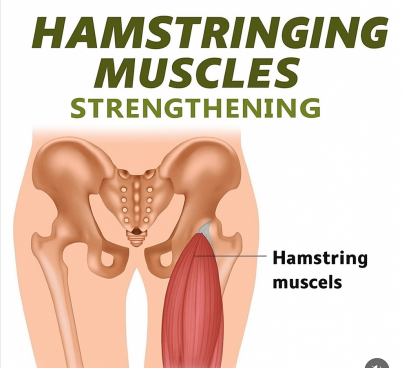 An anatomical illustration highlighting the hamstring muscles on the back of the thigh, with text reading 'Hamstring Muscles Strengthening' above the image.