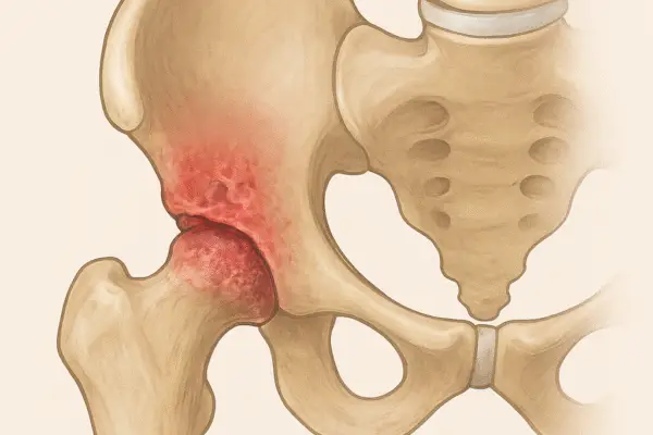 Avascular Necrosis: Causes, Symptoms, Diagnosis, and Rehabilitation Protocols Medical illustration showing avascular necrosis (AVN) of the hip joint.