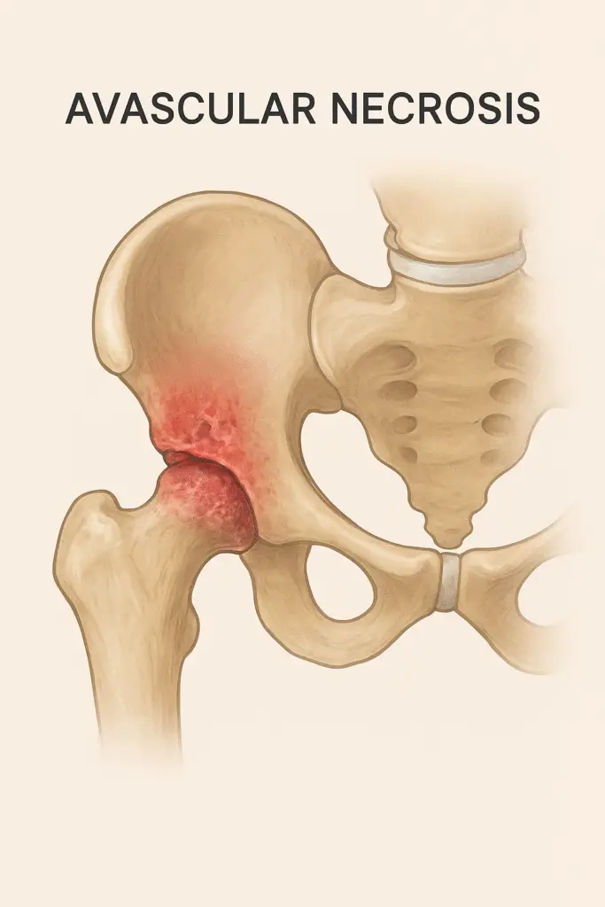 Medical illustration showing avascular necrosis (AVN) of the hip joint.