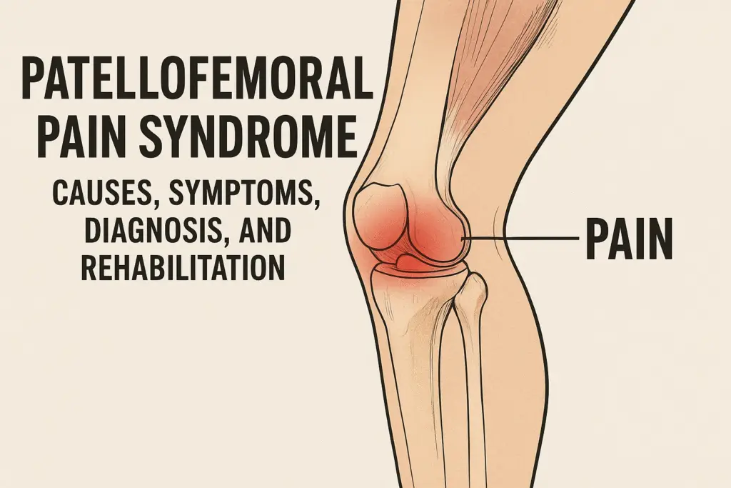 "Medical illustration of a knee joint showing Patellofemoral Pain Syndrome. The patella and surrounding area are highlighted in red to indicate pain and inflammation.