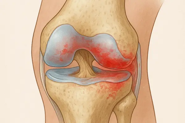 Knee Arthritis: Causes, Symptoms, and Effective Rehabilitation Protocol Medical illustration of knee arthritis showing cartilage erosion, inflamed synovial membrane, and exposed bone in the knee joint.