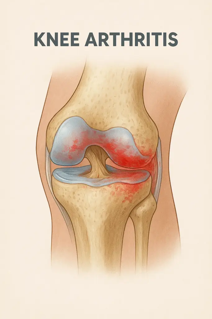 Medical illustration of knee arthritis showing cartilage erosion, inflamed synovial membrane, and exposed bone in the knee joint.
