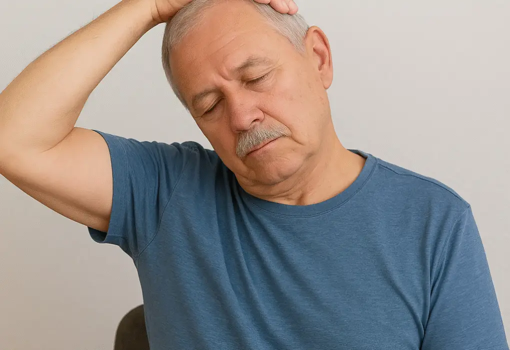 Parkinson’s patient performing a neck stretch while seated.