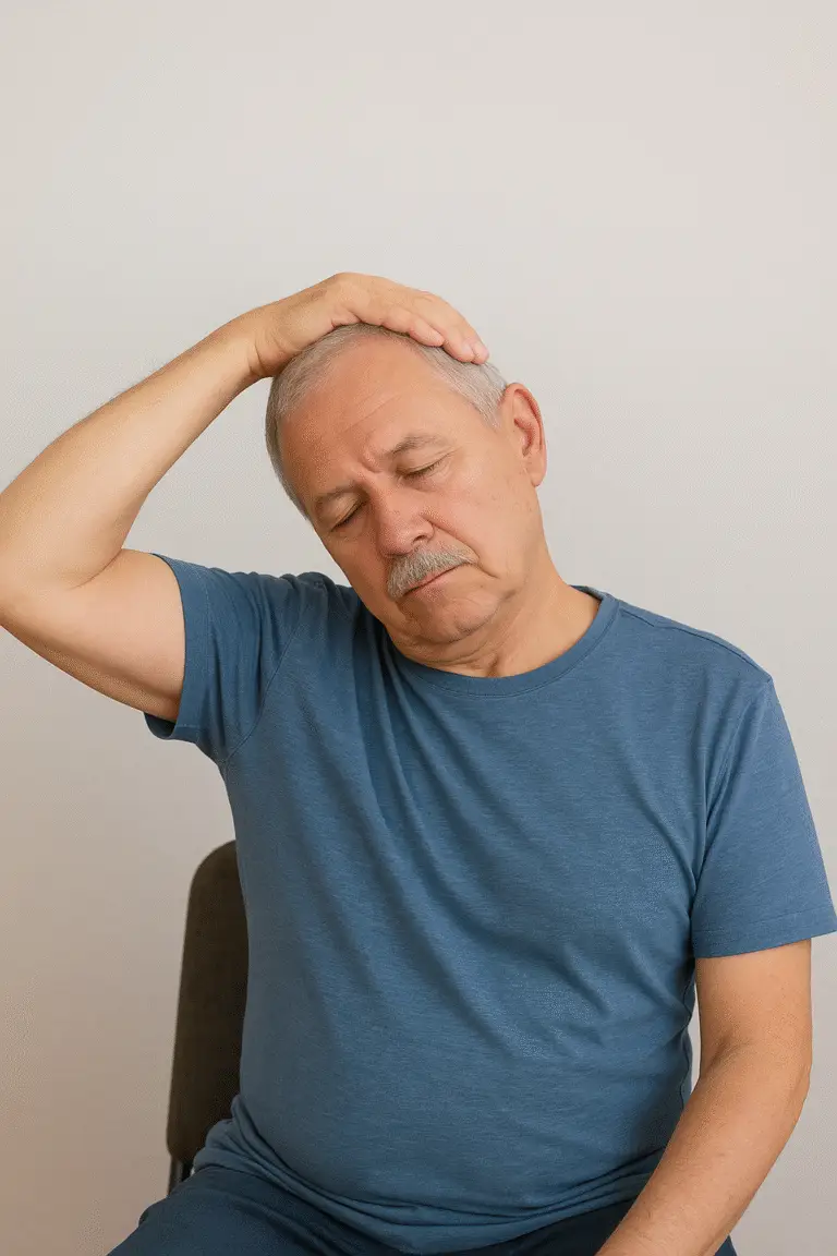 Parkinson’s patient performing a neck stretch while seated.