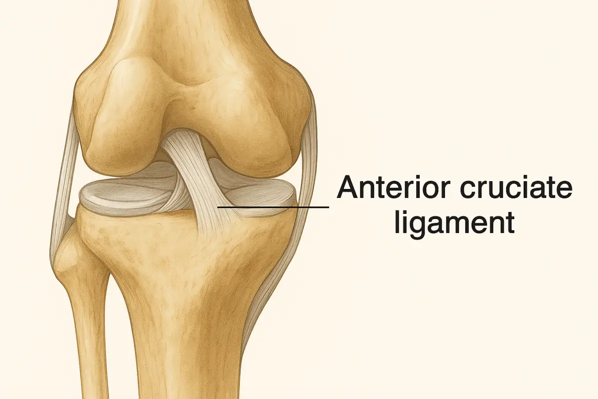 Anterior Cruciate Ligament (ACL) Injury: Causes, Symptoms, and Rehabilitation Protocol Detailed medical illustration of the human knee joint, showing bones, cartilage, and ligaments with the anterior cruciate ligament (ACL) highlighted and labeled on the right side