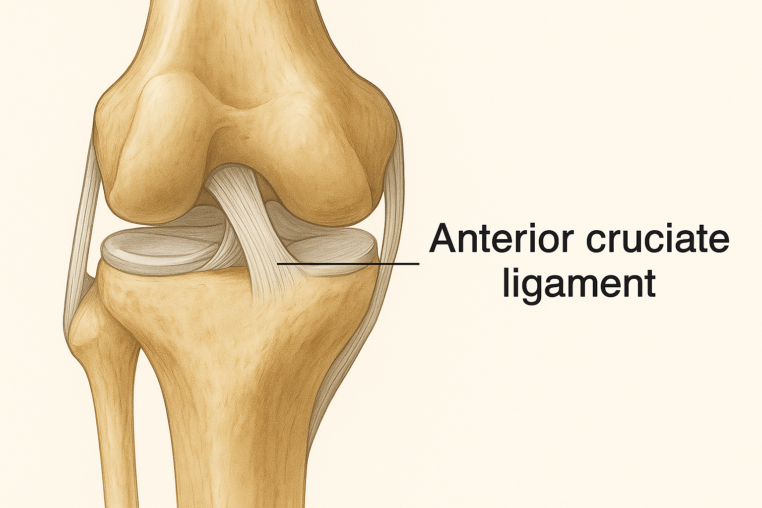 Detailed medical illustration of the human knee joint, showing bones, cartilage, and ligaments with the anterior cruciate ligament (ACL) highlighted and labeled on the right side