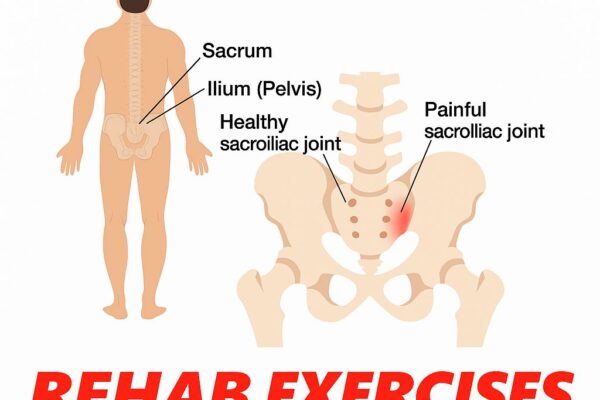 Sacroiliac joint (SIJ) pain: Causes, Symptoms, Diagnosis, and Physiotherapy Treatment The image shows an anatomical diagram showing a comparison between healthy and painful SI joints, along with rehab exercises.