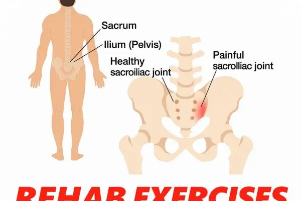 Sacroiliac joint (SIJ) pain: Causes, Symptoms, Diagnosis, and Physiotherapy Treatment The image shows an anatomical diagram showing a comparison between healthy and painful SI joints, along with rehab exercises.