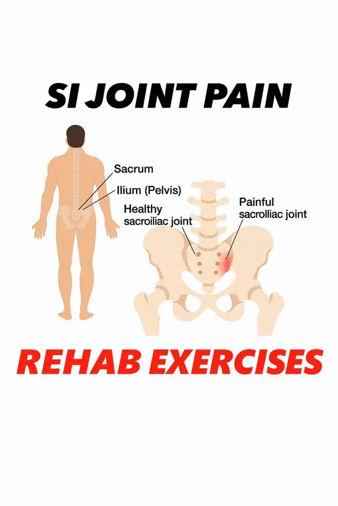The image shows an anatomical diagram showing a comparison between healthy and painful SI joints, along with rehab exercises.