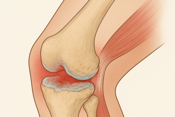 Medical illustration of a knee joint showing osteoarthritis, with cartilage loss, exposed bone surfaces, and surrounding inflammation highlighted in red