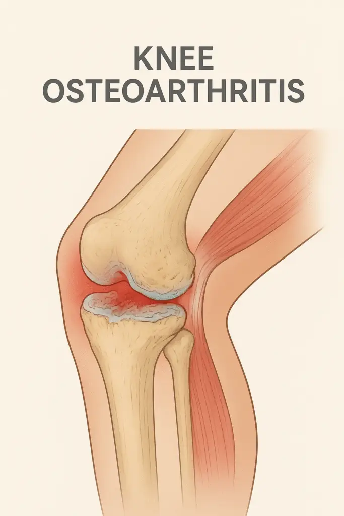 Medical illustration of a knee joint showing osteoarthritis, with cartilage loss, exposed bone surfaces, and surrounding inflammation highlighted in red