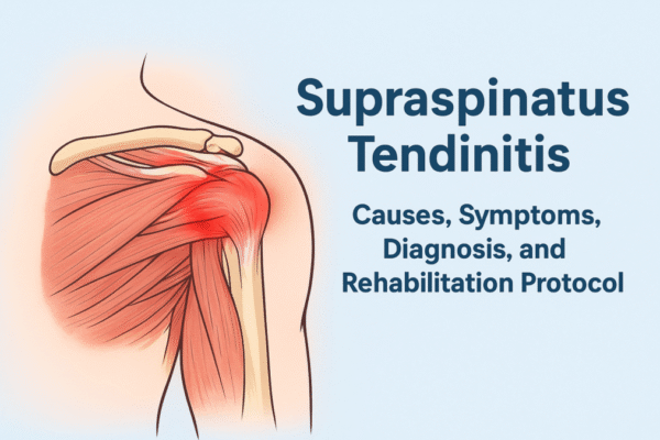 Supraspinatus Tendinitis: Causes, Symptoms, Diagnosis, and Rehabilitation Protocol Anatomical illustration showing the inflamed supraspinatus tendon in the shoulder, highlighting causes, symptoms, and rehabilitation protocol for supraspinatus tendinitis